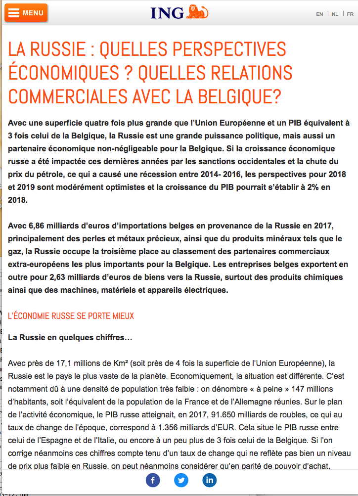 Page Internet. ING Belgium. La Russie - perspectives économiques et relations commerciales avec la Belgique. 2018-06-20